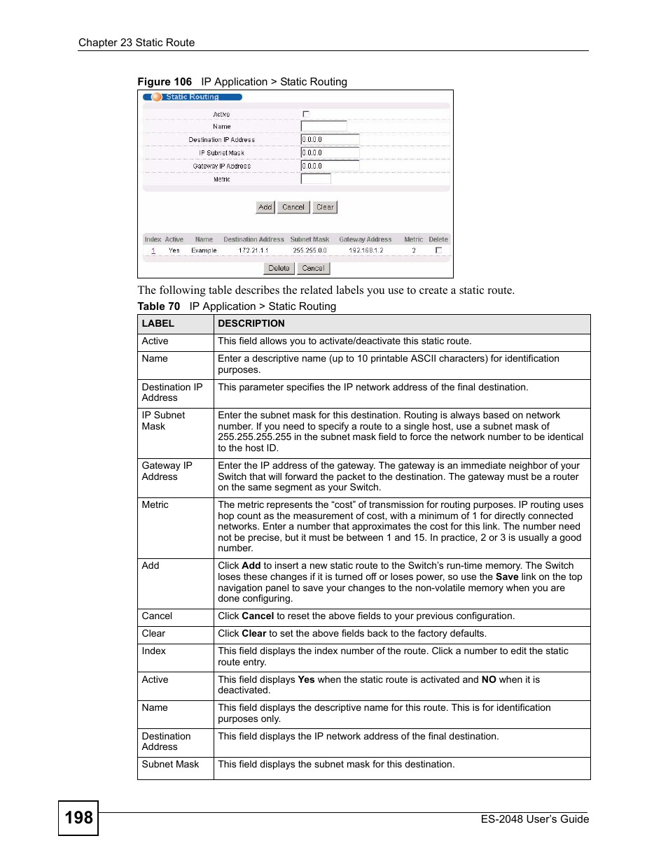 Figure 106 ip application > static routing, Table 70 ip application > static routing | ZyXEL Communications ZyXEL Dimension ES-2048 User Manual | Page 198 / 306