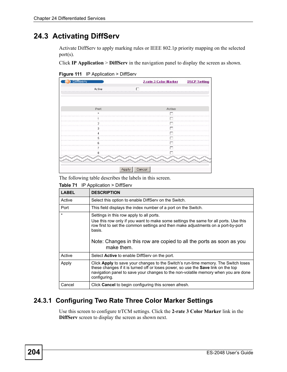 3 activating diffserv, 1 configuring two rate three color marker settings, Figure 111 ip application > diffserv | Table 71 ip application > diffserv | ZyXEL Communications ZyXEL Dimension ES-2048 User Manual | Page 204 / 306