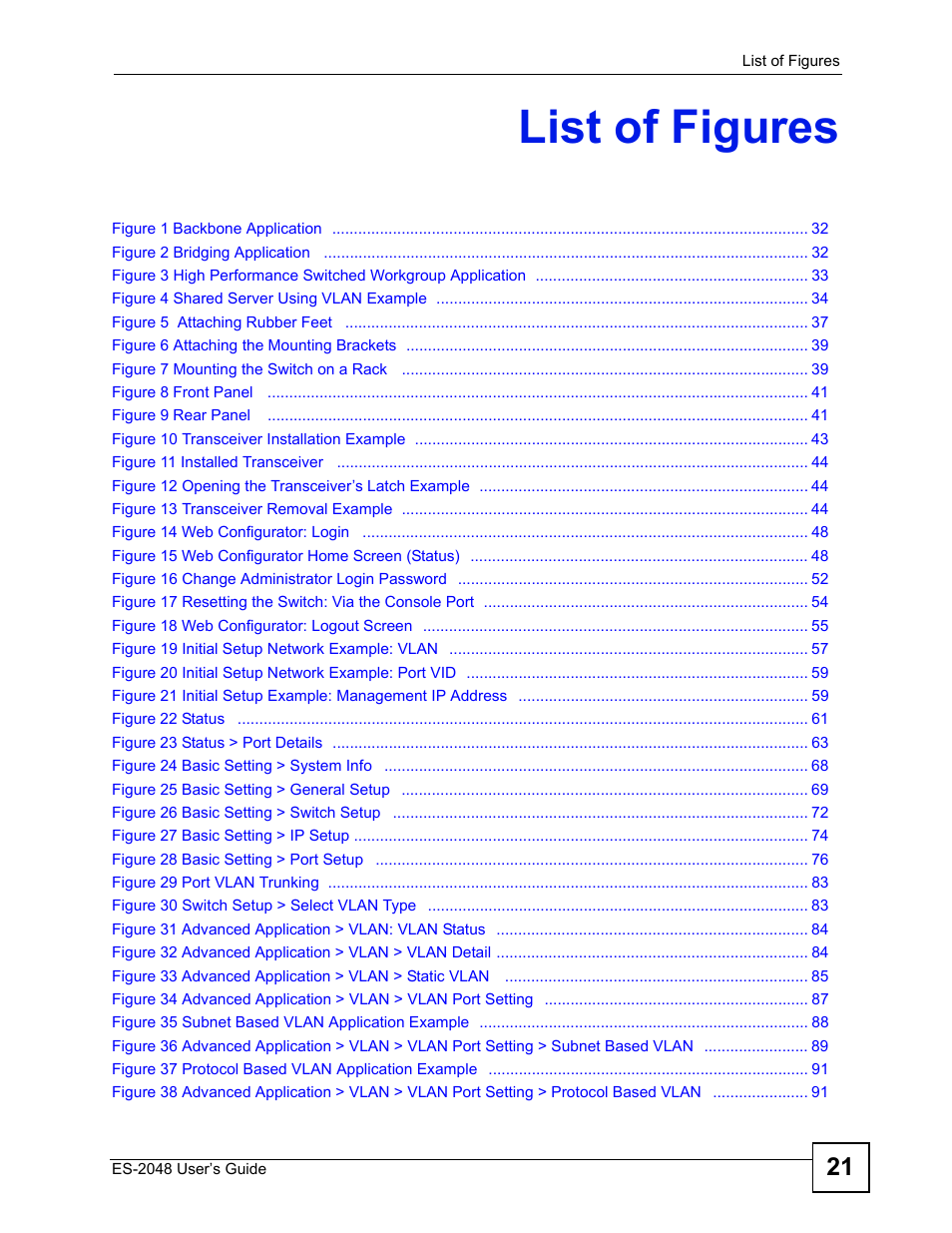 List of figures | ZyXEL Communications ZyXEL Dimension ES-2048 User Manual | Page 21 / 306