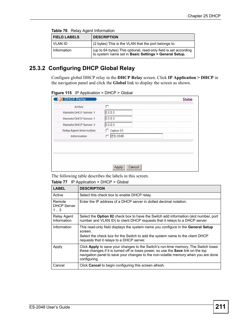 2 configuring dhcp global relay, Figure 115 ip application > dhcp > global, Table 77 ip application > dhcp > global | ZyXEL Communications ZyXEL Dimension ES-2048 User Manual | Page 211 / 306