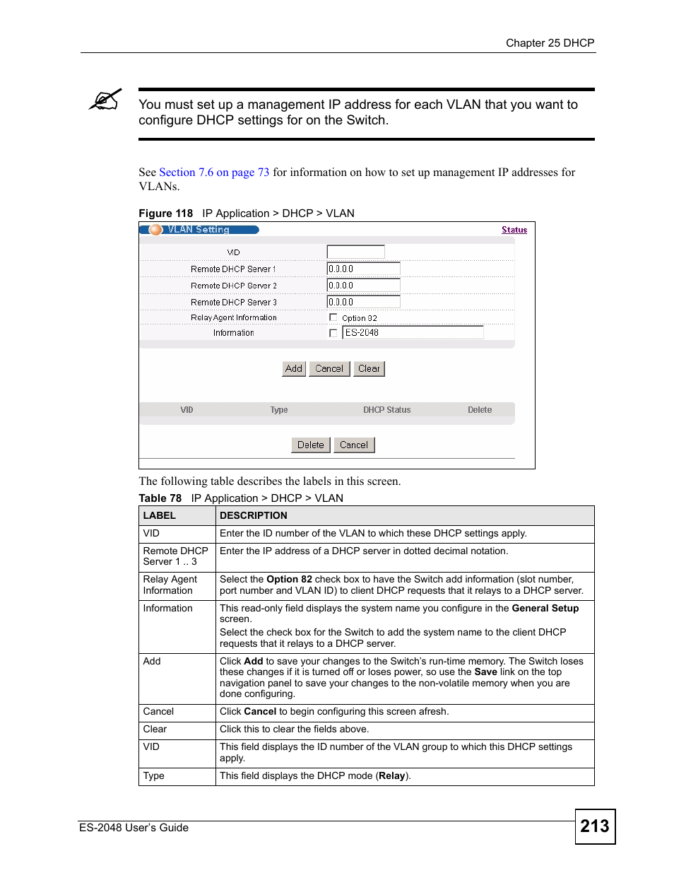 Figure 118 ip application > dhcp > vlan, Table 78 ip application > dhcp > vlan | ZyXEL Communications ZyXEL Dimension ES-2048 User Manual | Page 213 / 306