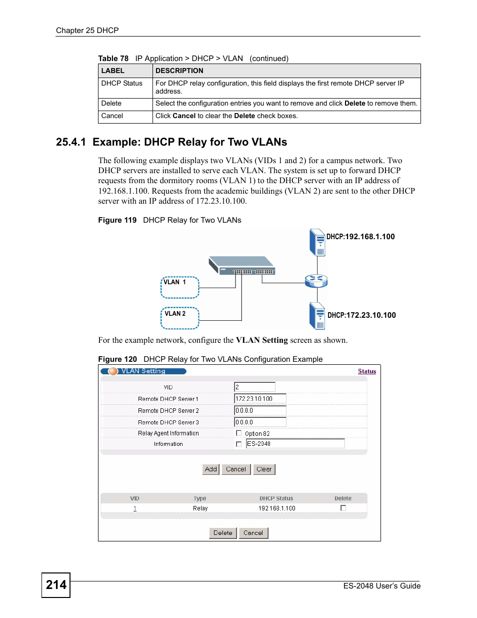 1 example: dhcp relay for two vlans | ZyXEL Communications ZyXEL Dimension ES-2048 User Manual | Page 214 / 306