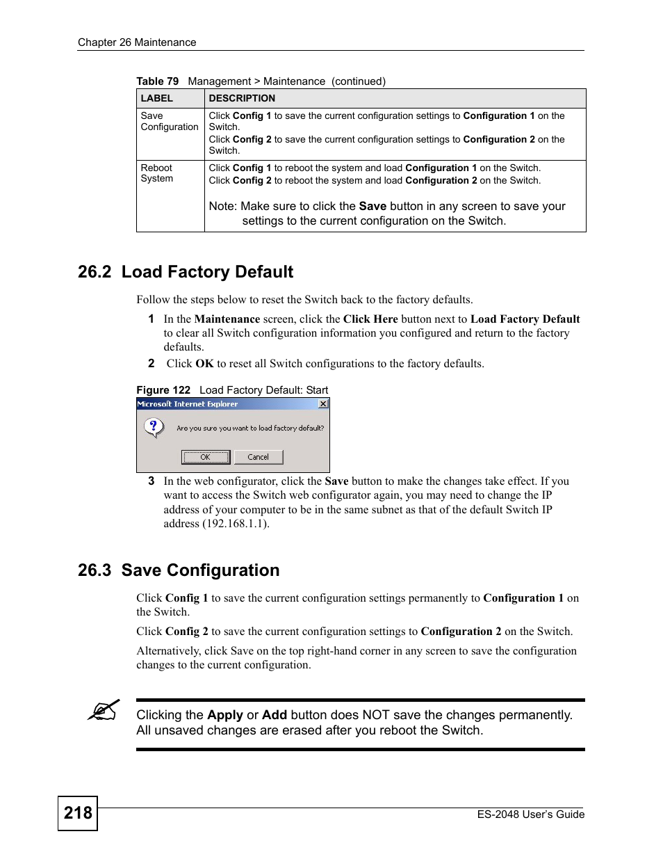 2 load factory default, 3 save configuration, 2 load factory default 26.3 save configuration | Figure 122 load factory default: start | ZyXEL Communications ZyXEL Dimension ES-2048 User Manual | Page 218 / 306