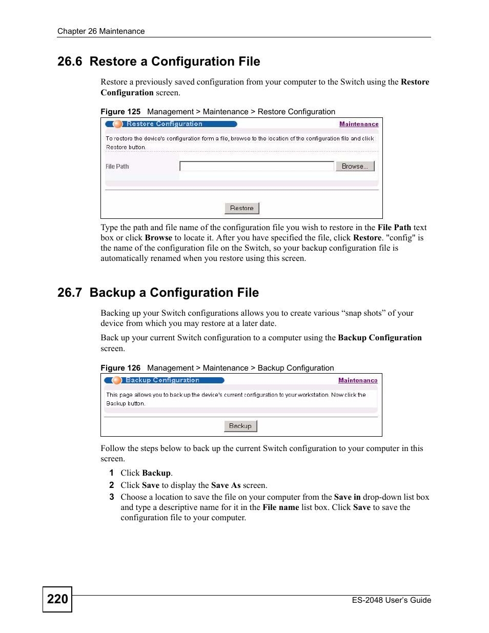 6 restore a configuration file, 7 backup a configuration file | ZyXEL Communications ZyXEL Dimension ES-2048 User Manual | Page 220 / 306