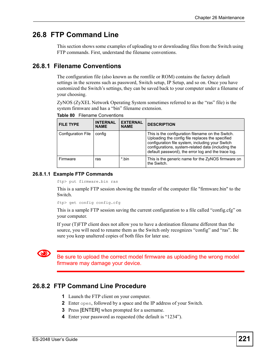 8 ftp command line, 1 filename conventions, 2 ftp command line procedure | Table 80 filename conventions, Section 26.8 | ZyXEL Communications ZyXEL Dimension ES-2048 User Manual | Page 221 / 306