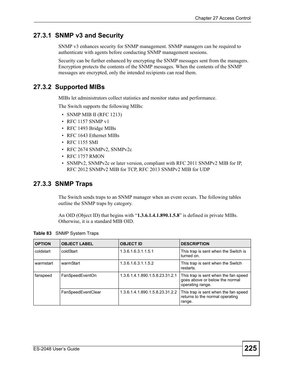 1 snmp v3 and security, 2 supported mibs, 3 snmp traps | Table 83 snmp system traps | ZyXEL Communications ZyXEL Dimension ES-2048 User Manual | Page 225 / 306