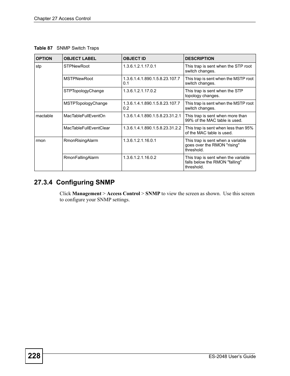 4 configuring snmp, Table 87 snmp switch traps | ZyXEL Communications ZyXEL Dimension ES-2048 User Manual | Page 228 / 306