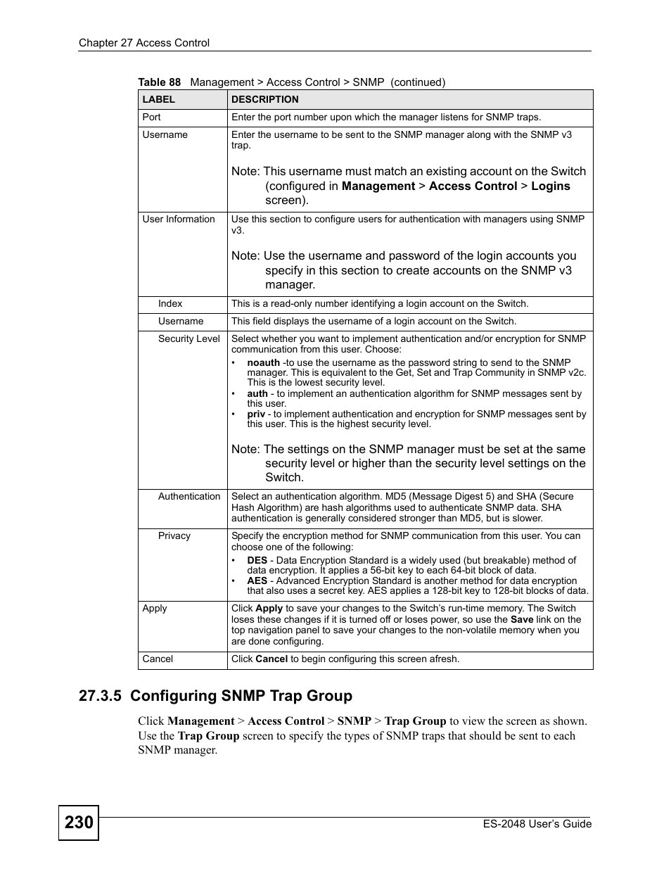 5 configuring snmp trap group | ZyXEL Communications ZyXEL Dimension ES-2048 User Manual | Page 230 / 306