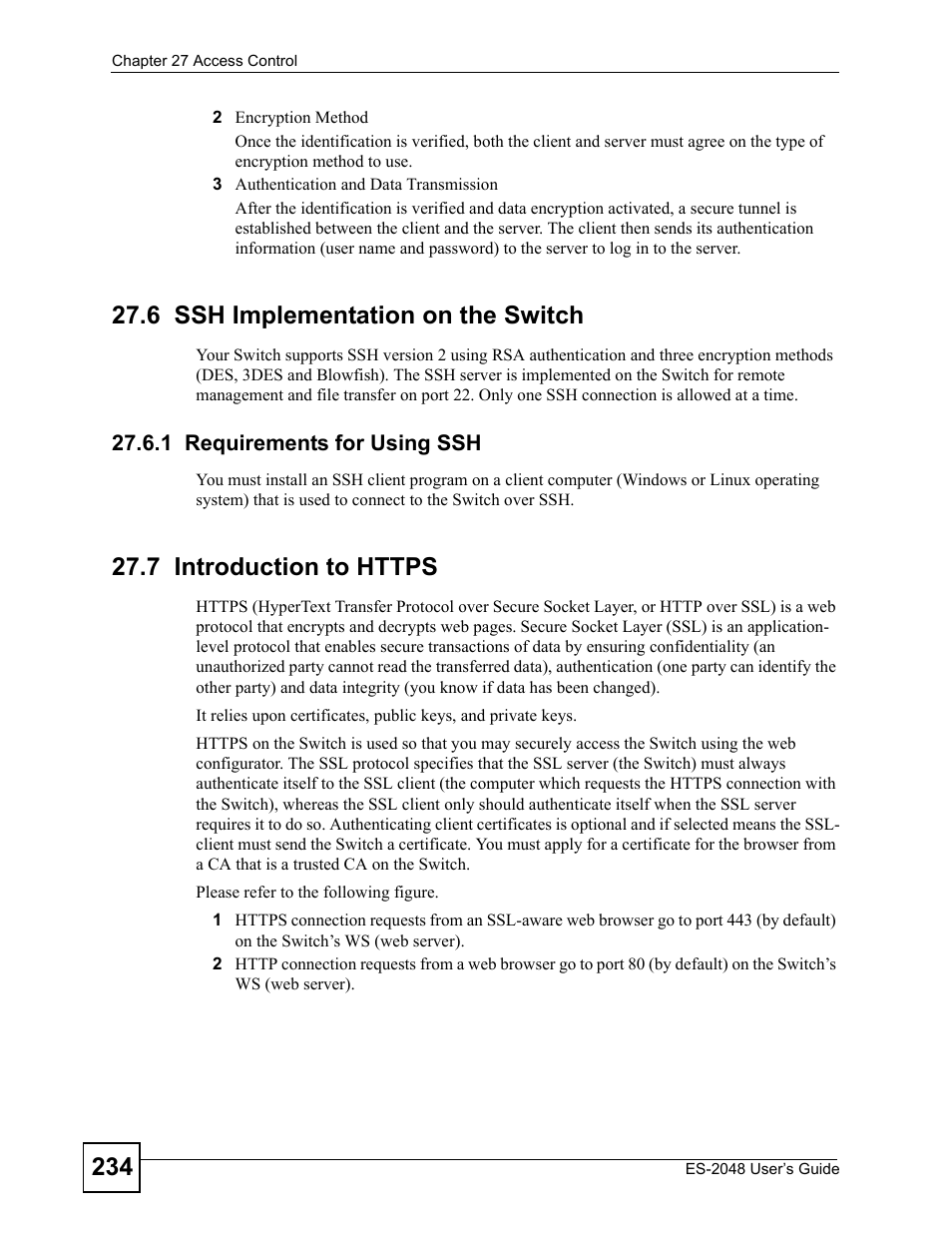 6 ssh implementation on the switch, 1 requirements for using ssh, 7 introduction to https | ZyXEL Communications ZyXEL Dimension ES-2048 User Manual | Page 234 / 306