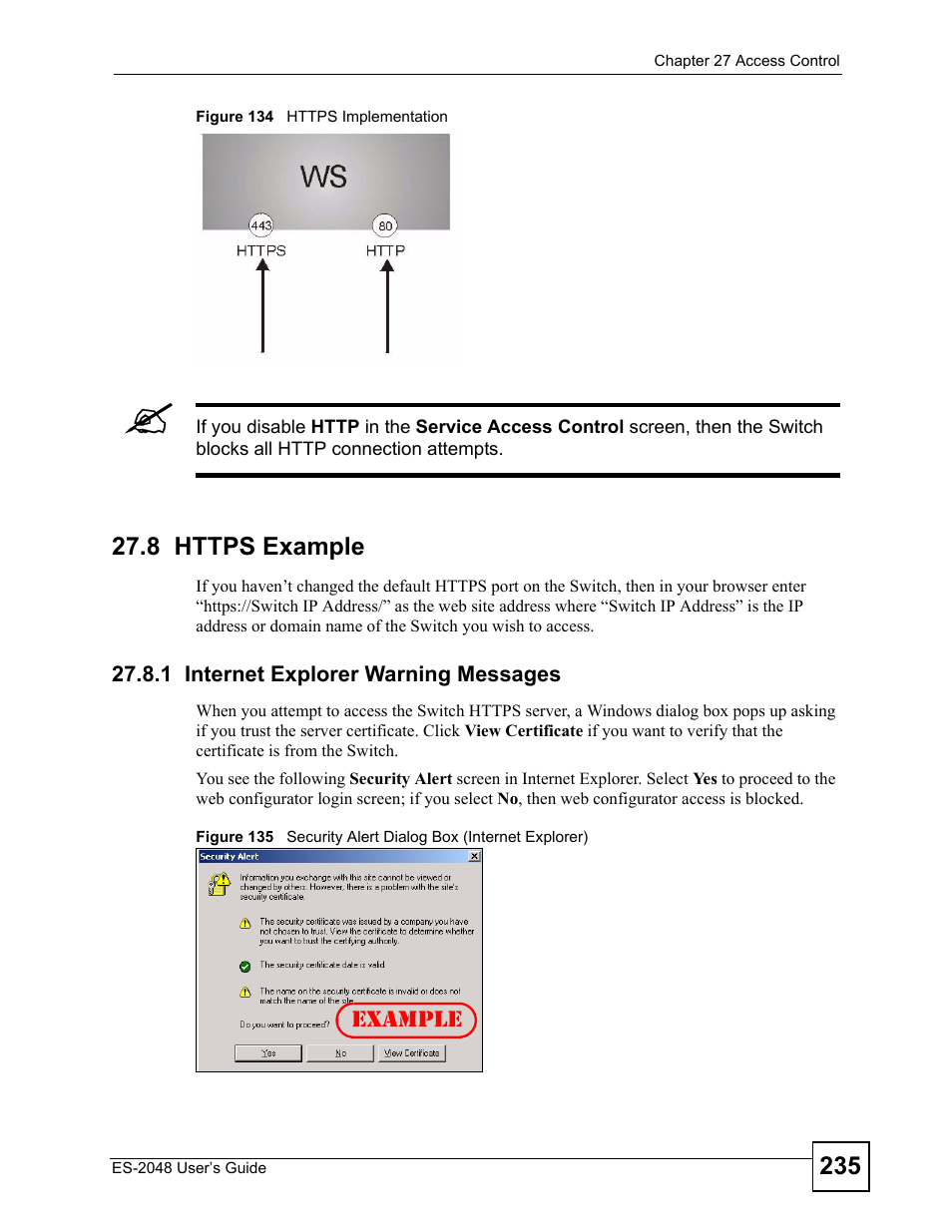 8 https example, 1 internet explorer warning messages | ZyXEL Communications ZyXEL Dimension ES-2048 User Manual | Page 235 / 306