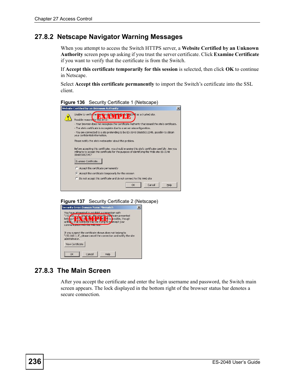 2 netscape navigator warning messages, 3 the main screen, Example | ZyXEL Communications ZyXEL Dimension ES-2048 User Manual | Page 236 / 306