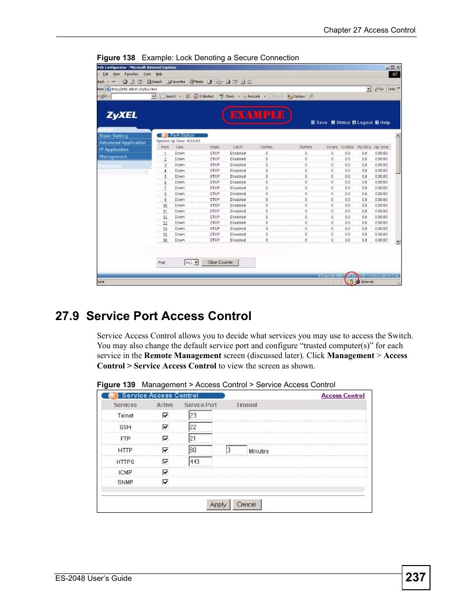 9 service port access control, Example | ZyXEL Communications ZyXEL Dimension ES-2048 User Manual | Page 237 / 306