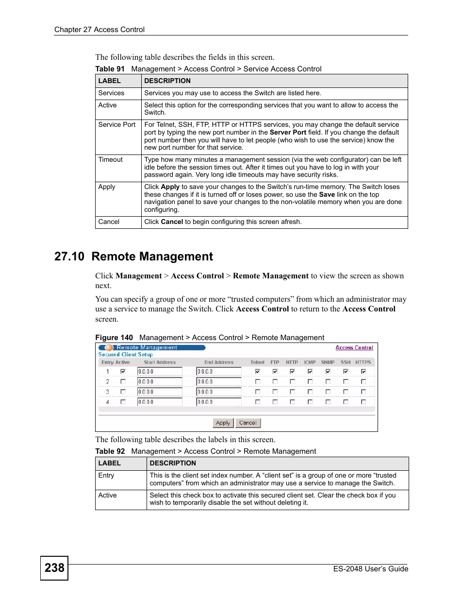 10 remote management | ZyXEL Communications ZyXEL Dimension ES-2048 User Manual | Page 238 / 306