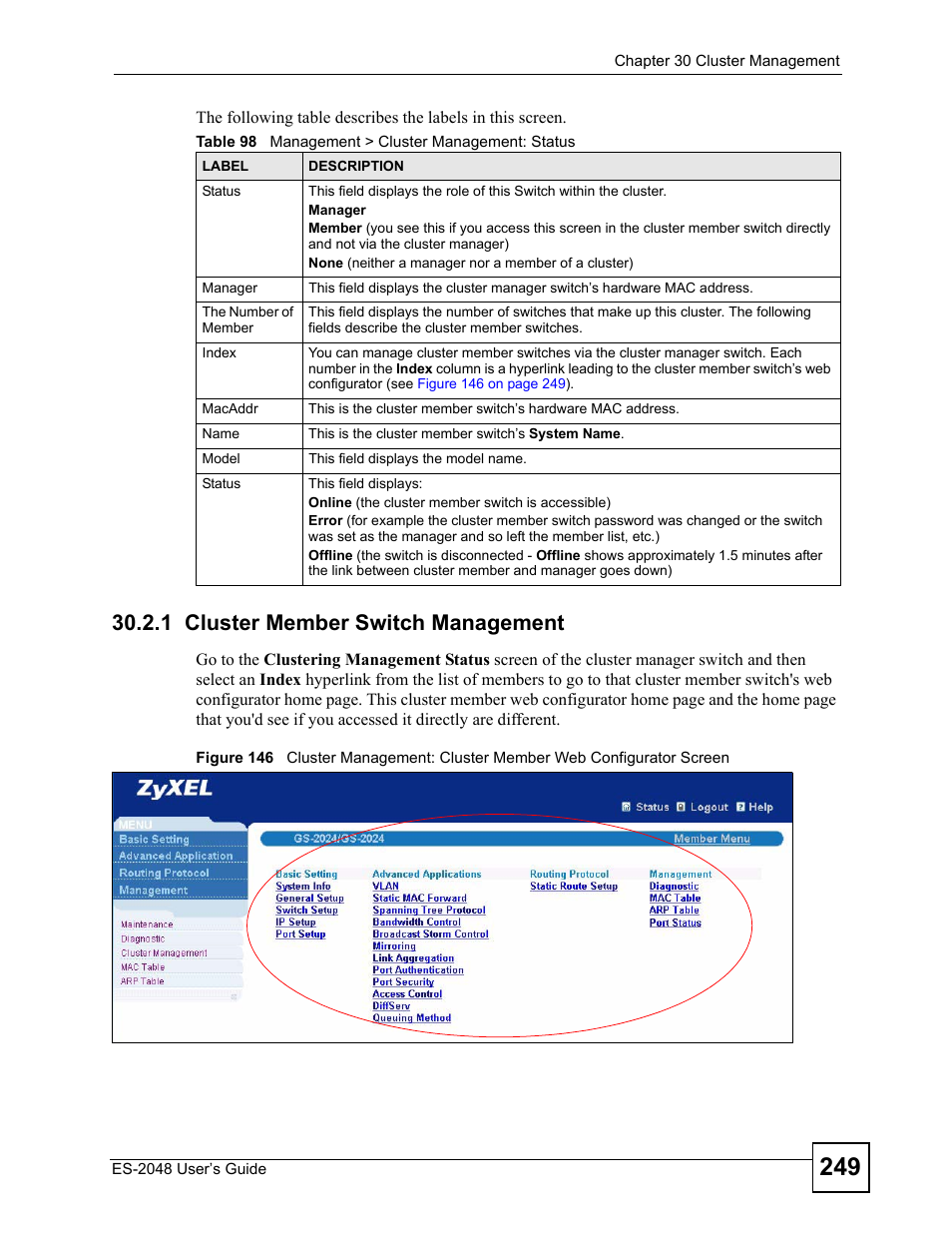 1 cluster member switch management, Table 98 management > cluster management: status | ZyXEL Communications ZyXEL Dimension ES-2048 User Manual | Page 249 / 306