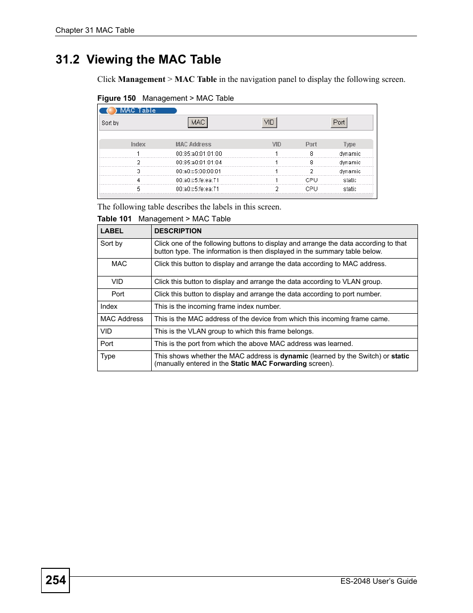2 viewing the mac table, Figure 150 management > mac table, Table 101 management > mac table | ZyXEL Communications ZyXEL Dimension ES-2048 User Manual | Page 254 / 306