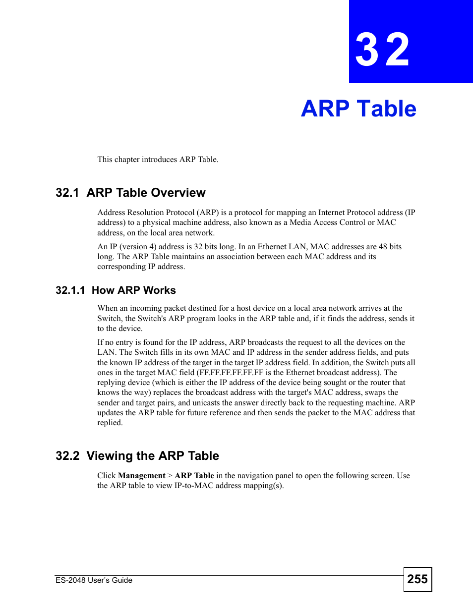 Arp table, 1 arp table overview, 1 how arp works | 2 viewing the arp table, Chapter 32 arp table, Arp table (255) | ZyXEL Communications ZyXEL Dimension ES-2048 User Manual | Page 255 / 306