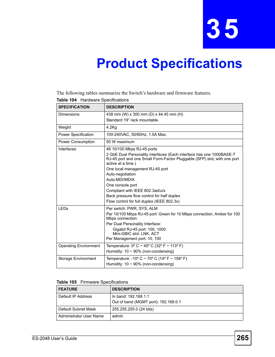 Product specifications, Chapter 35 product specifications | ZyXEL Communications ZyXEL Dimension ES-2048 User Manual | Page 265 / 306