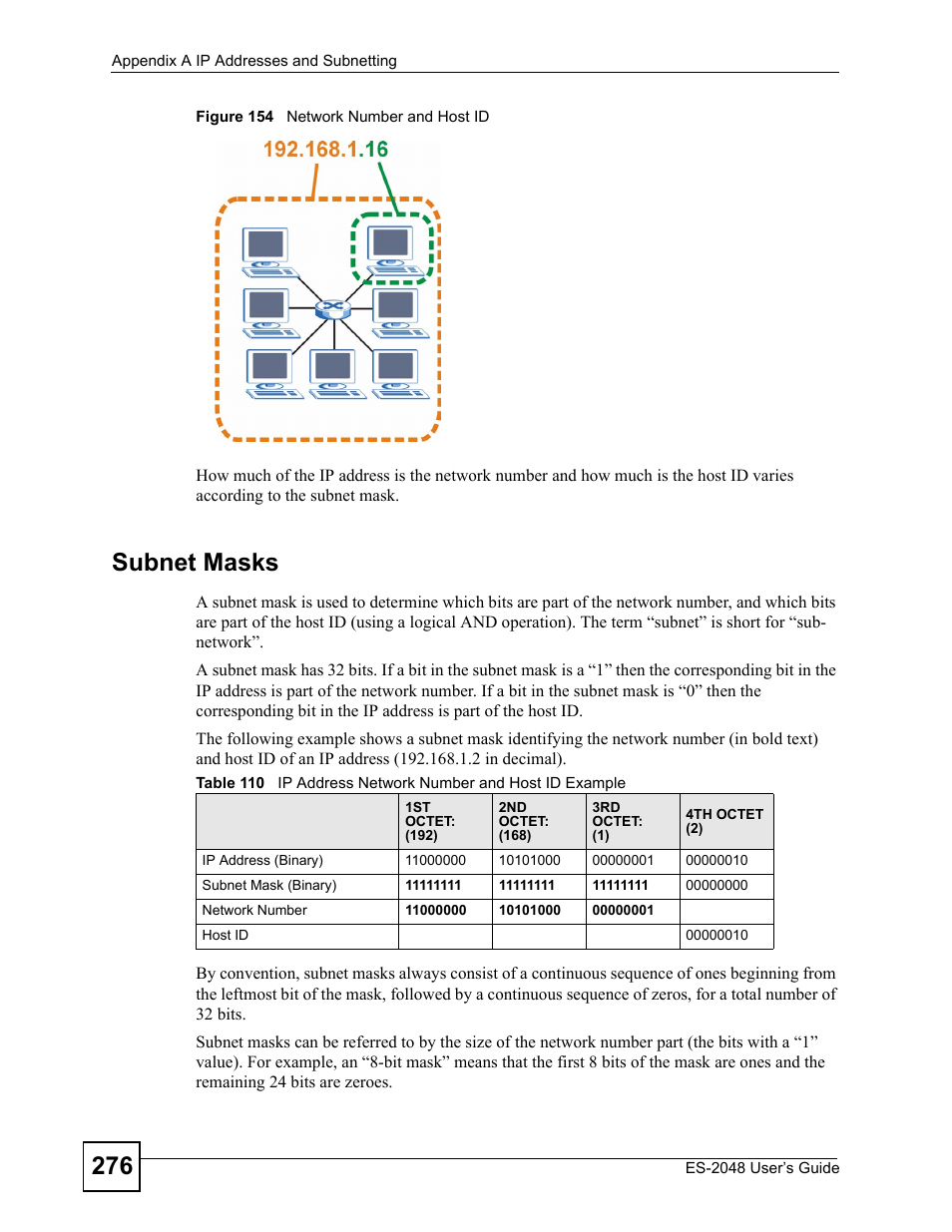 Figure 154 network number and host id, Subnet masks | ZyXEL Communications ZyXEL Dimension ES-2048 User Manual | Page 276 / 306