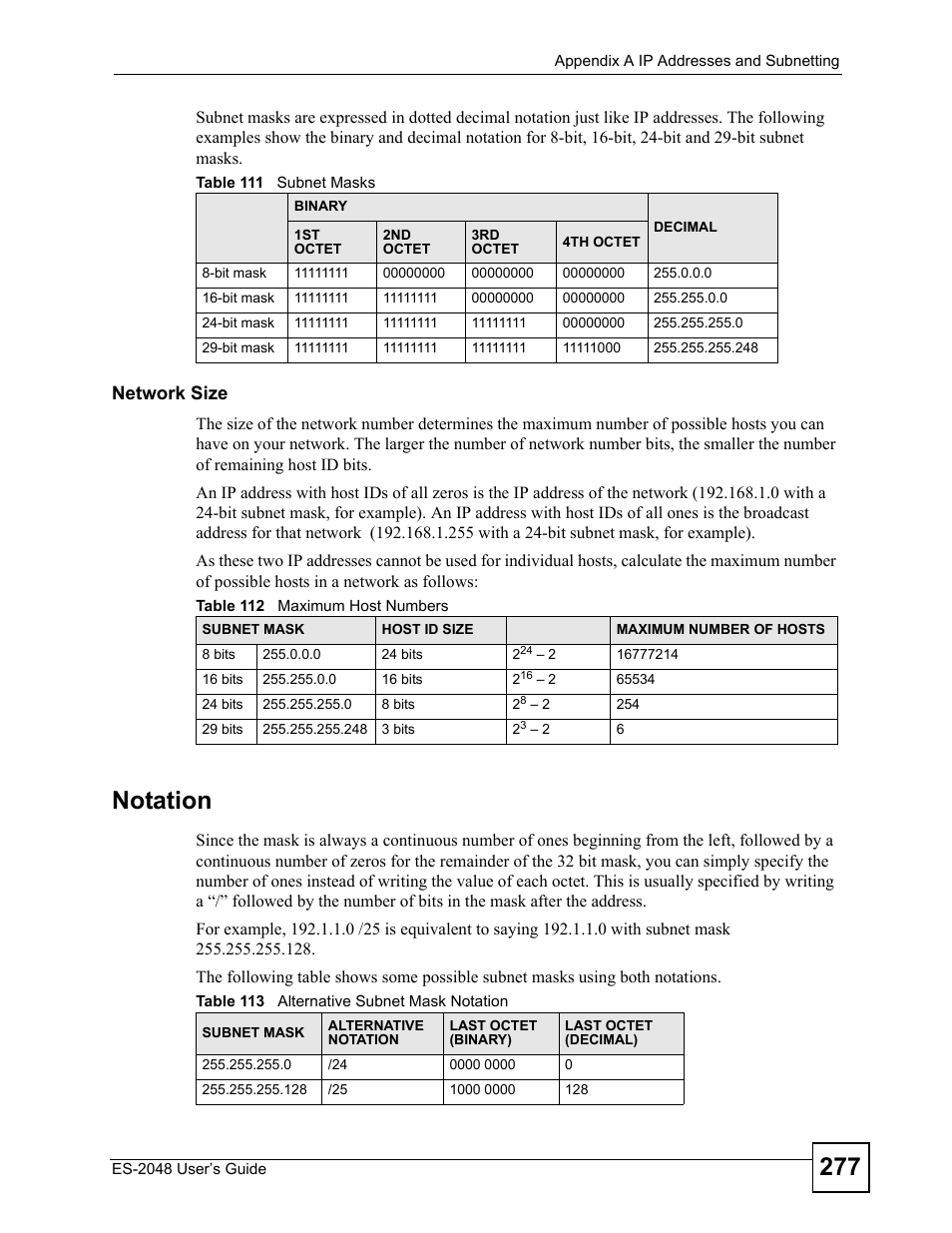 Notation, Network size | ZyXEL Communications ZyXEL Dimension ES-2048 User Manual | Page 277 / 306