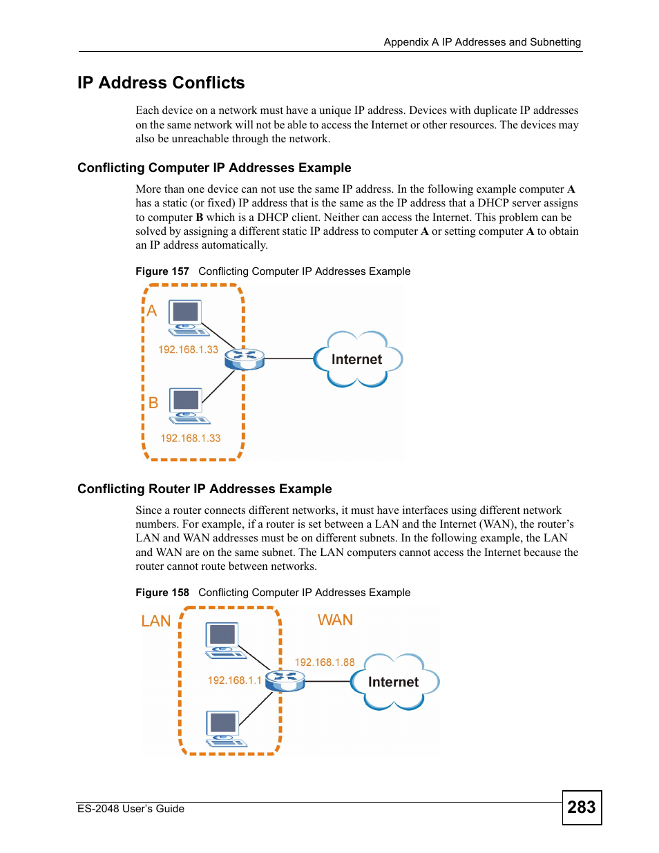 283 ip address conflicts | ZyXEL Communications ZyXEL Dimension ES-2048 User Manual | Page 283 / 306