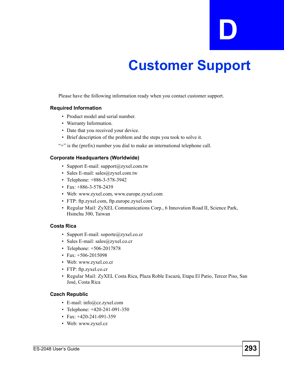 Customer support, Appendix d customer support, Customer support (293) | ZyXEL Communications ZyXEL Dimension ES-2048 User Manual | Page 293 / 306