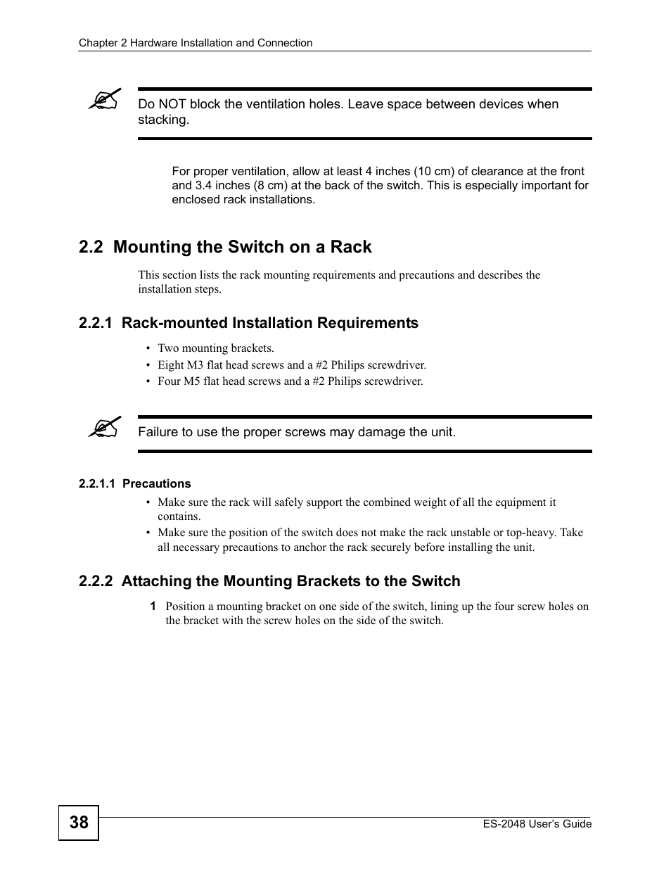 2 mounting the switch on a rack, 1 rack-mounted installation requirements, 2 attaching the mounting brackets to the switch | ZyXEL Communications ZyXEL Dimension ES-2048 User Manual | Page 38 / 306