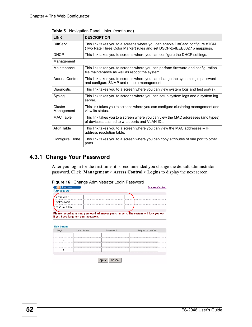 1 change your password, Figure 16 change administrator login password | ZyXEL Communications ZyXEL Dimension ES-2048 User Manual | Page 52 / 306