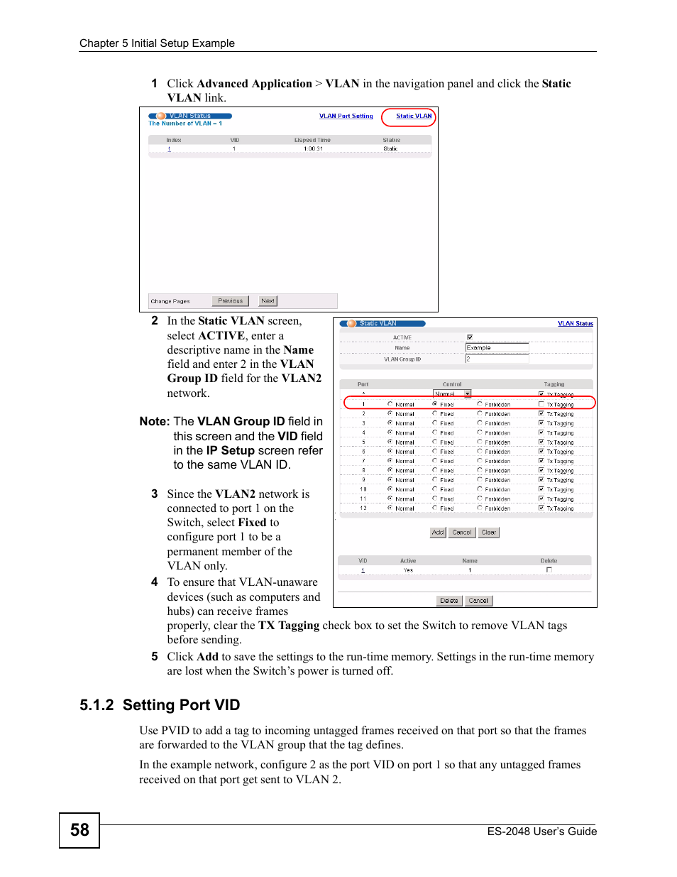 2 setting port vid | ZyXEL Communications ZyXEL Dimension ES-2048 User Manual | Page 58 / 306