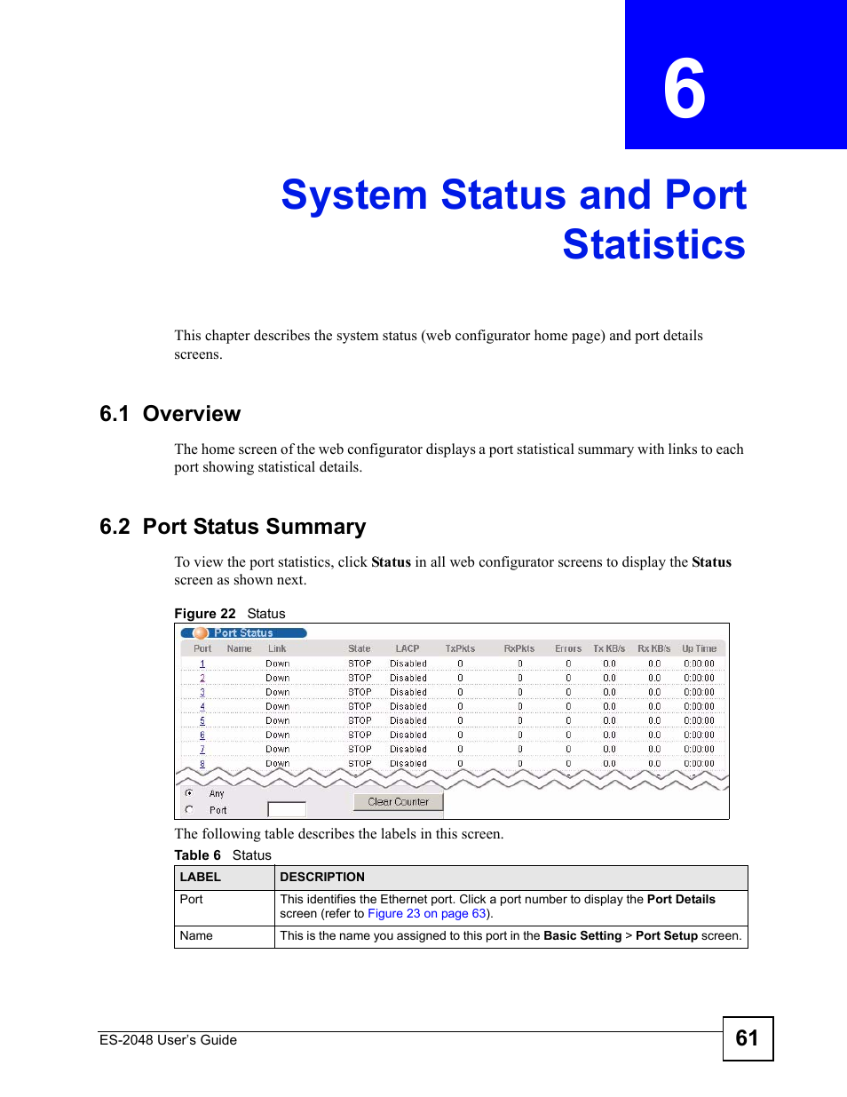System status and port statistics, 1 overview, 2 port status summary | Chapter 6 system status and port statistics, 1 overview 6.2 port status summary, Figure 22 status, Table 6 status, System status and port statistics (61) | ZyXEL Communications ZyXEL Dimension ES-2048 User Manual | Page 61 / 306