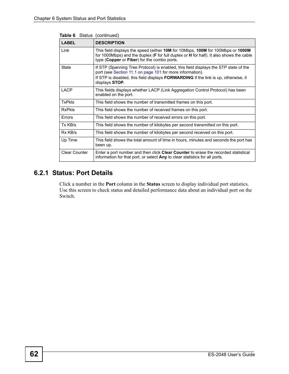 1 status: port details | ZyXEL Communications ZyXEL Dimension ES-2048 User Manual | Page 62 / 306