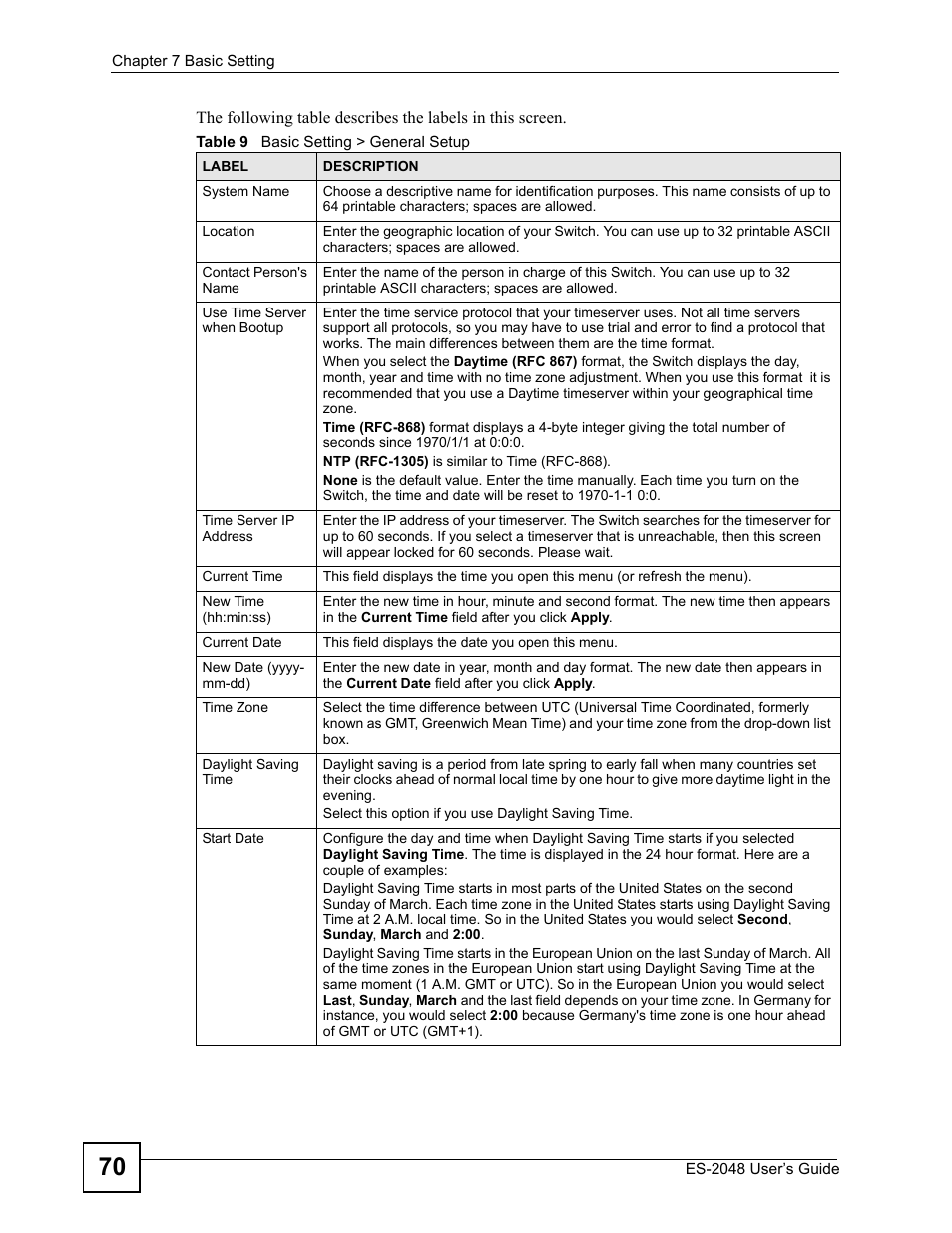 Table 9 basic setting > general setup | ZyXEL Communications ZyXEL Dimension ES-2048 User Manual | Page 70 / 306