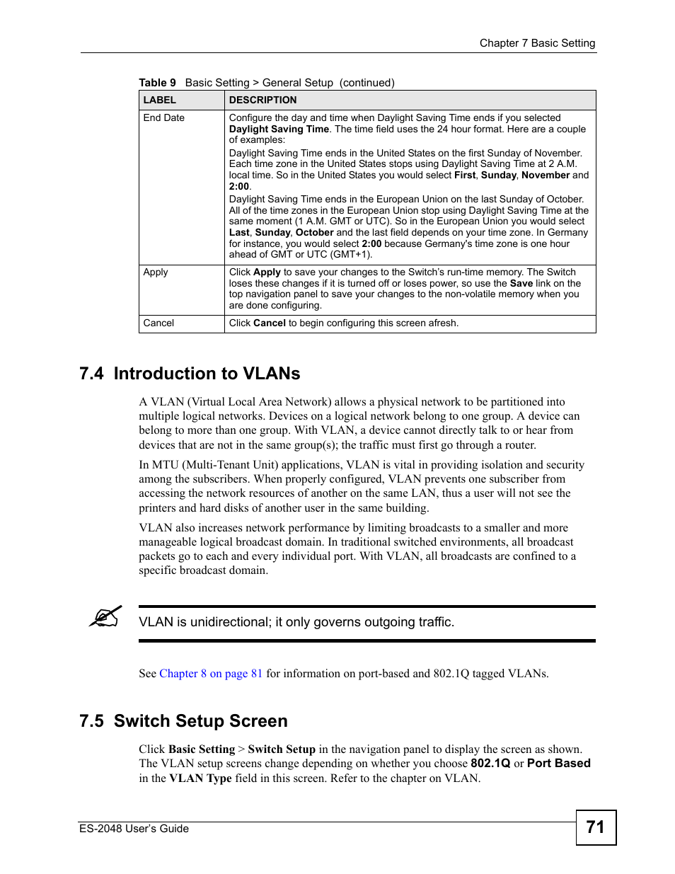 4 introduction to vlans, 5 switch setup screen, 4 introduction to vlans 7.5 switch setup screen | 71 7.4 introduction to vlans | ZyXEL Communications ZyXEL Dimension ES-2048 User Manual | Page 71 / 306