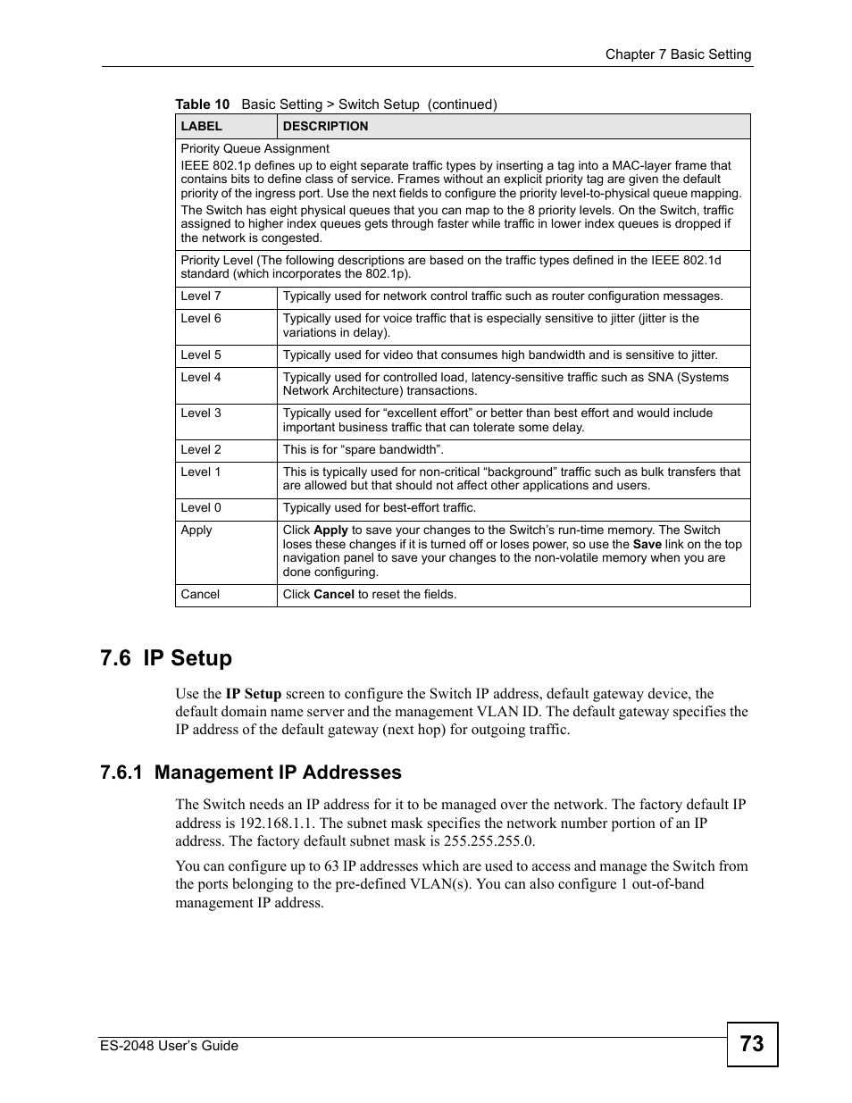 6 ip setup, 1 management ip addresses, 73 7.6 ip setup | ZyXEL Communications ZyXEL Dimension ES-2048 User Manual | Page 73 / 306