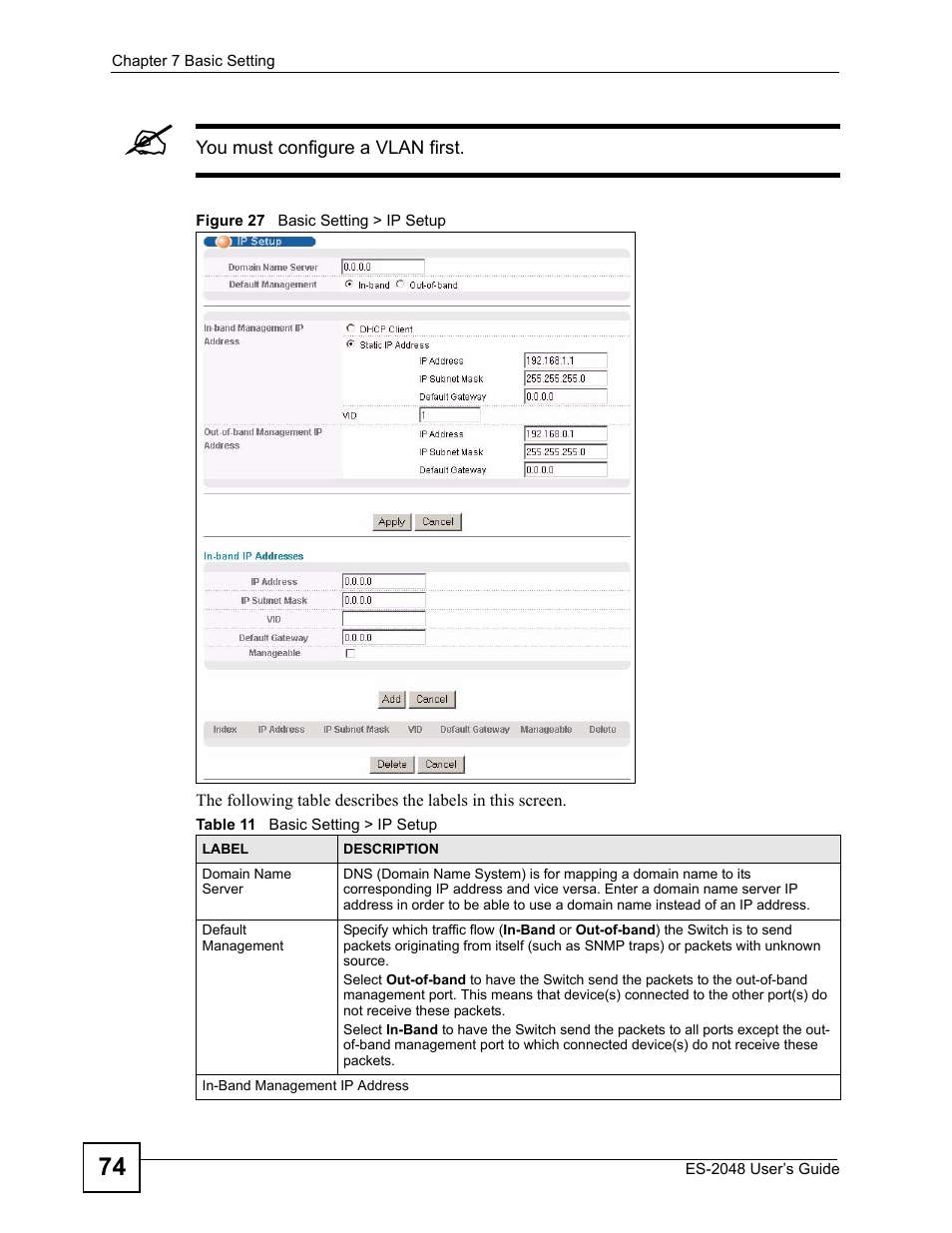 Figure 27 basic setting > ip setup, Table 11 basic setting > ip setup | ZyXEL Communications ZyXEL Dimension ES-2048 User Manual | Page 74 / 306