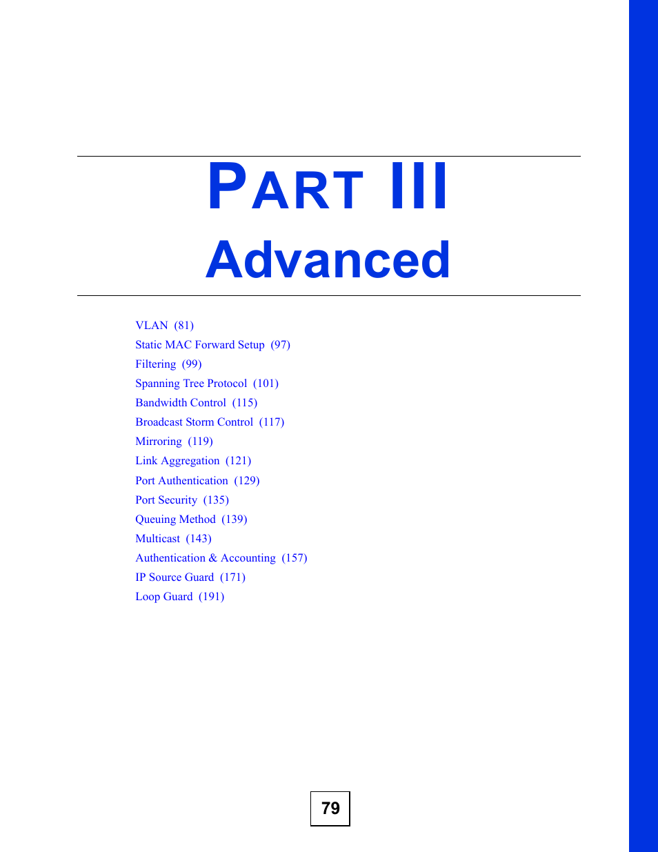 Advanced, Part iii: advanced | ZyXEL Communications ZyXEL Dimension ES-2048 User Manual | Page 79 / 306