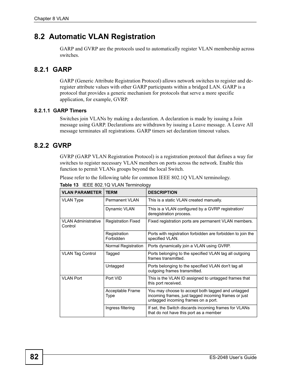 2 automatic vlan registration, 1 garp, 2 gvrp | 1 garp 8.2.2 gvrp, Table 13 ieee 802.1q vlan terminology, 82 8.2 automatic vlan registration | ZyXEL Communications ZyXEL Dimension ES-2048 User Manual | Page 82 / 306