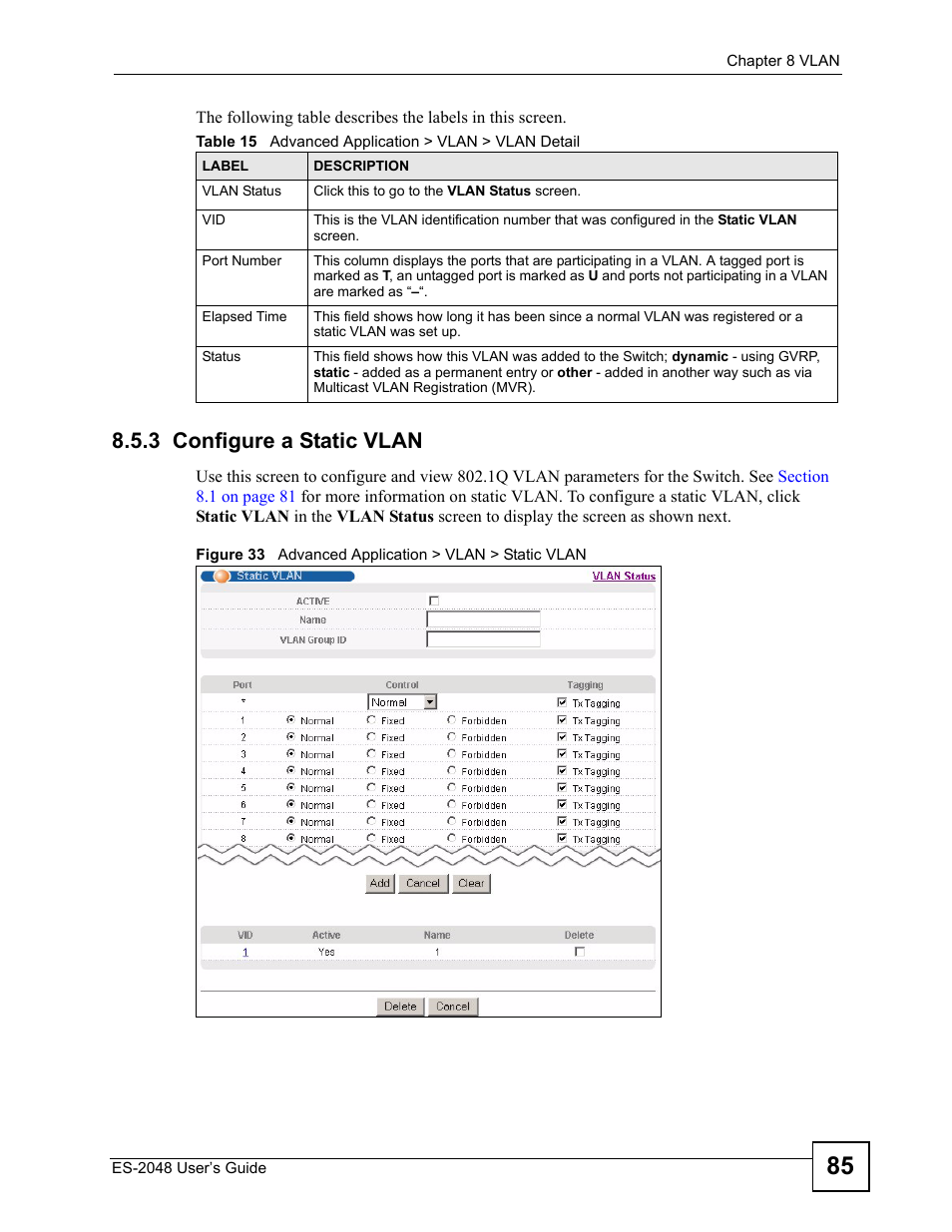 3 configure a static vlan, Table 15 advanced application > vlan > vlan detail | ZyXEL Communications ZyXEL Dimension ES-2048 User Manual | Page 85 / 306