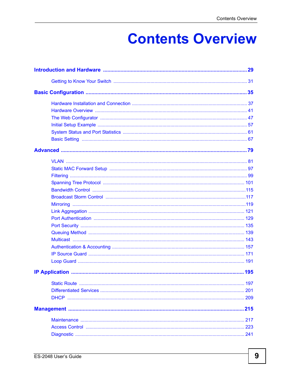 Contents overview | ZyXEL Communications ZyXEL Dimension ES-2048 User Manual | Page 9 / 306