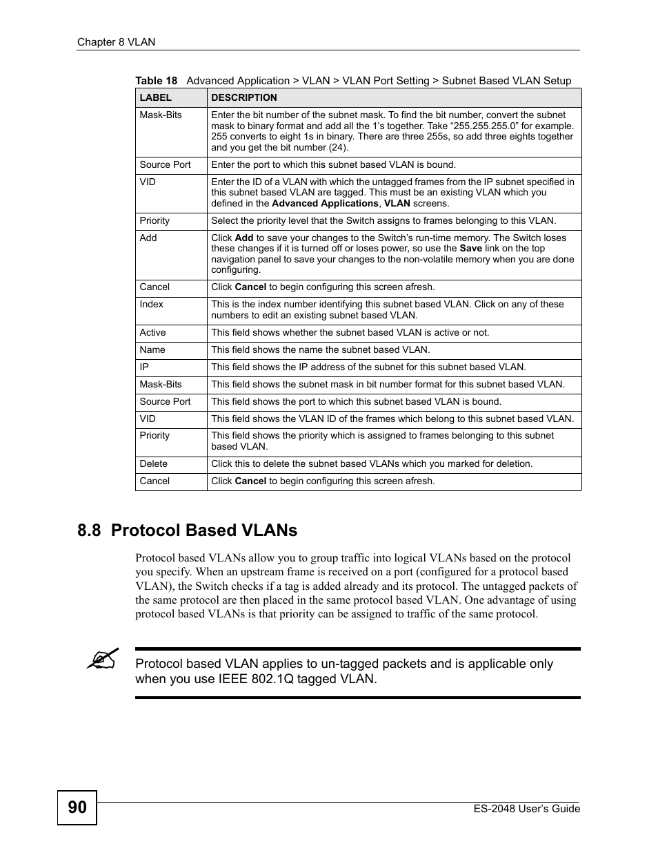 8 protocol based vlans, 90 8.8 protocol based vlans | ZyXEL Communications ZyXEL Dimension ES-2048 User Manual | Page 90 / 306