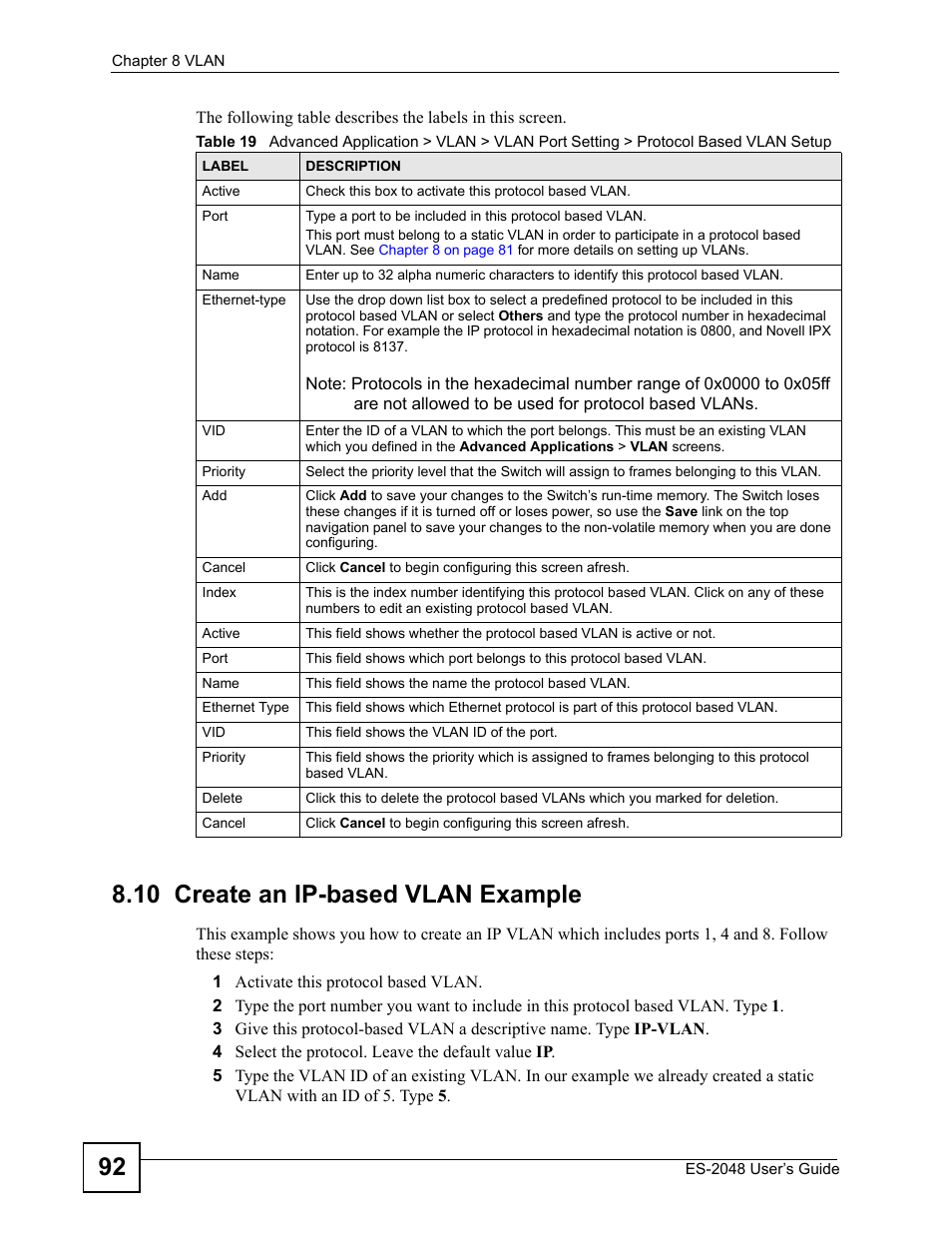 10 create an ip-based vlan example | ZyXEL Communications ZyXEL Dimension ES-2048 User Manual | Page 92 / 306