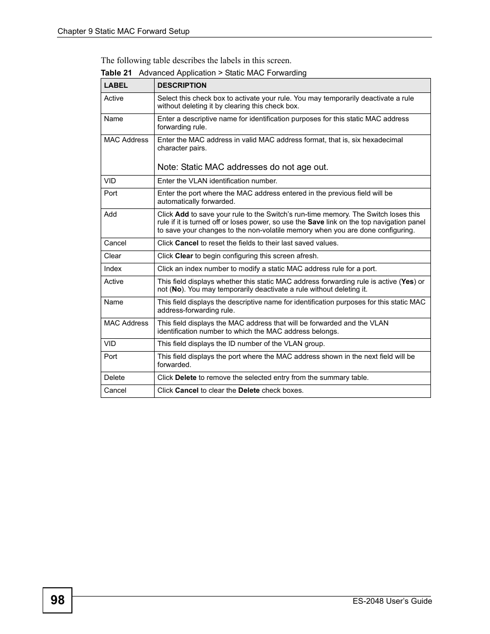 ZyXEL Communications ZyXEL Dimension ES-2048 User Manual | Page 98 / 306