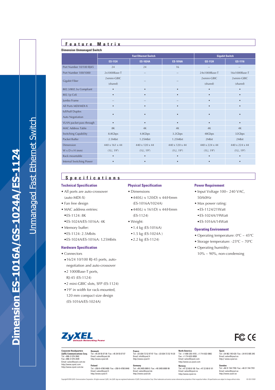 Unmanaged f ast ethernet s w itch | ZyXEL Communications DIMENSION ES-1024A User Manual | Page 2 / 2