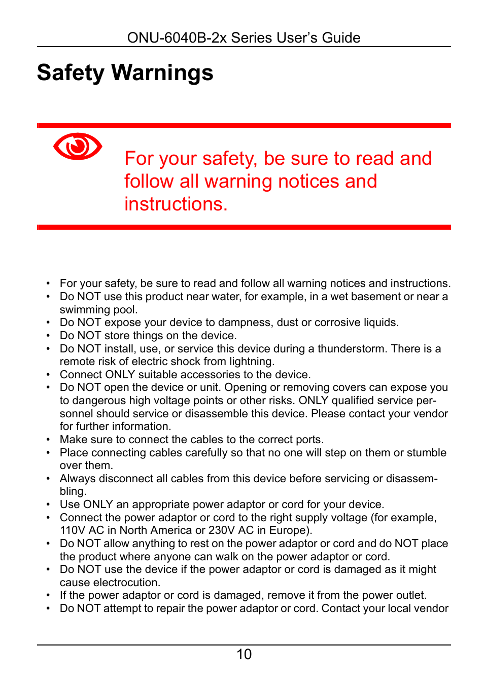 Safety warnings | ZyXEL Communications ONU-6040B-22 User Manual | Page 10 / 19