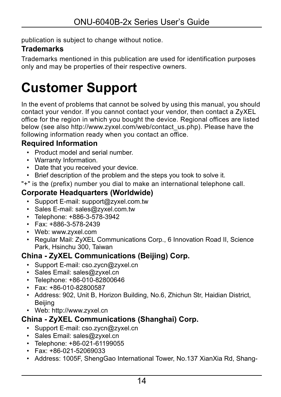 Customer support | ZyXEL Communications ONU-6040B-22 User Manual | Page 14 / 19