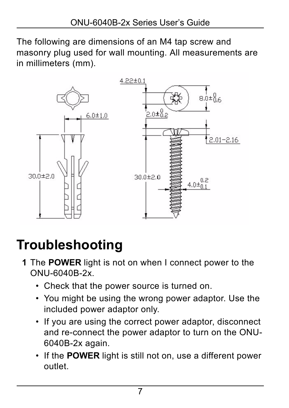 Troubleshooting | ZyXEL Communications ONU-6040B-22 User Manual | Page 7 / 19