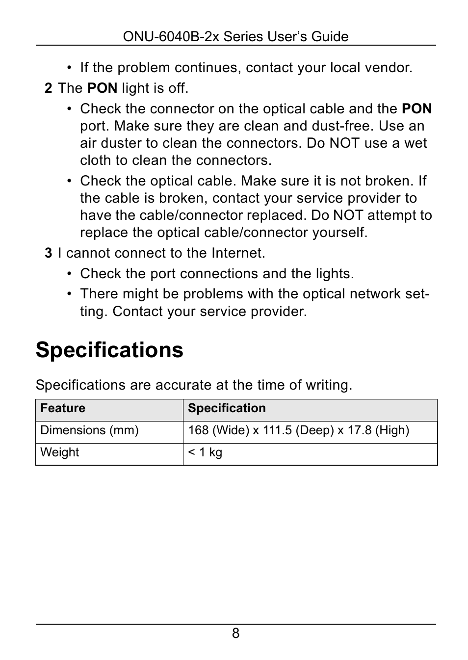 Specifications | ZyXEL Communications ONU-6040B-22 User Manual | Page 8 / 19