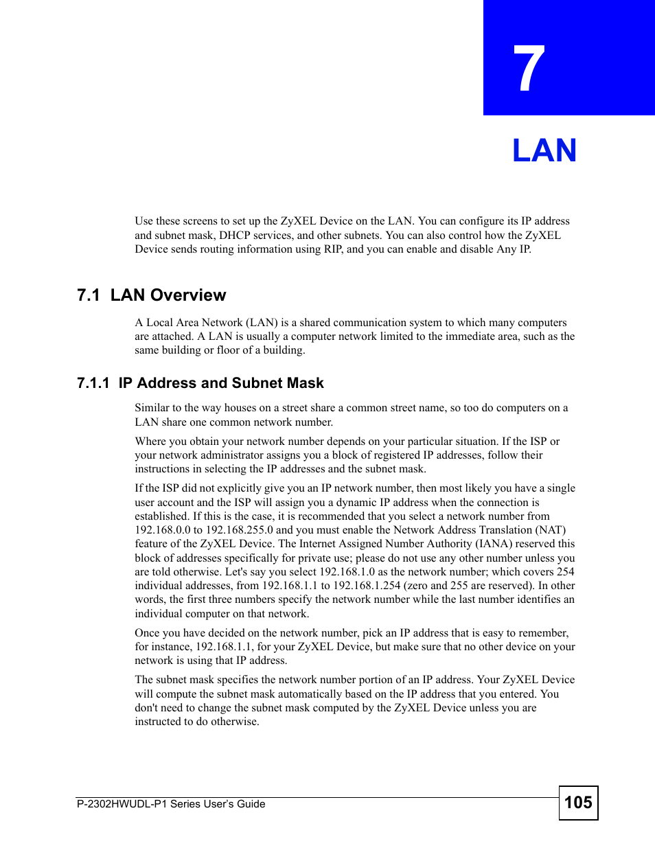 1 lan overview, 1 ip address and subnet mask, Chapter 7 lan | Lan (105) | ZyXEL Communications Network Device P-2302 User Manual | Page 105 / 359