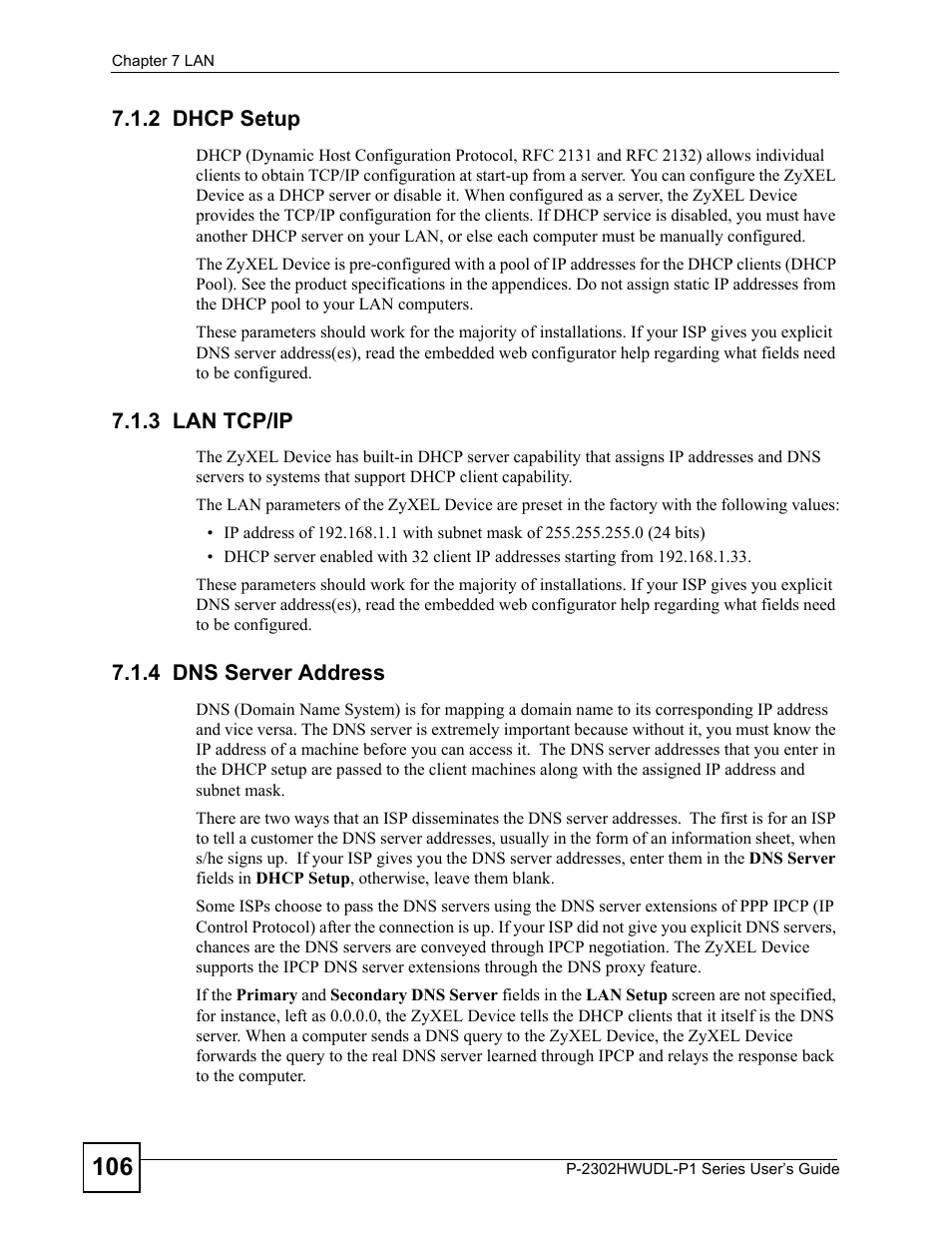 2 dhcp setup, 3 lan tcp/ip, 4 dns server address | ZyXEL Communications Network Device P-2302 User Manual | Page 106 / 359