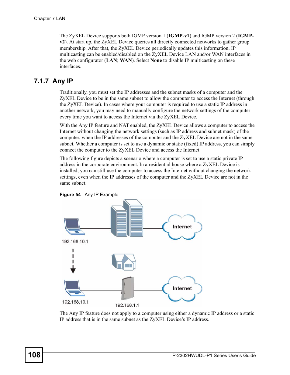 7 any ip, Figure 54 any ip example | ZyXEL Communications Network Device P-2302 User Manual | Page 108 / 359