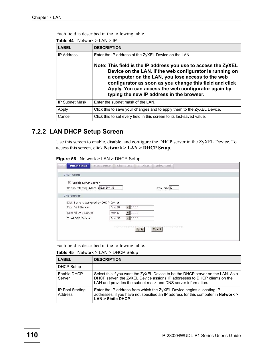 2 lan dhcp setup screen, Figure 56 network > lan > dhcp setup | ZyXEL Communications Network Device P-2302 User Manual | Page 110 / 359